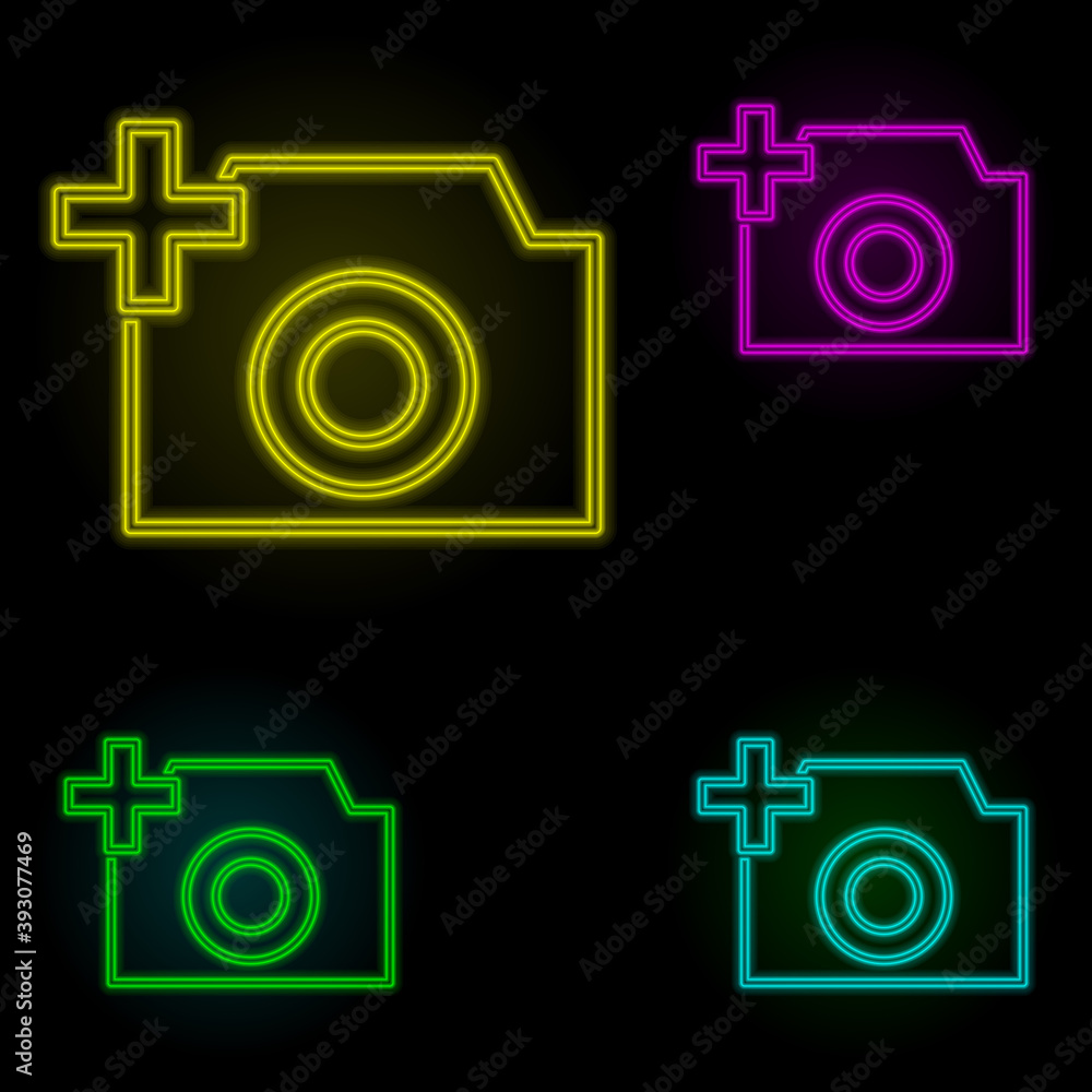 Poster camera plus sign neon color set icon. simple thin line, outline vector of image icons for ui and ux,