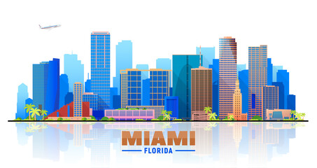 Fototapeta premium Miami Florida skyline with panorama in white background. Vector Illustration. Business travel and tourism concept with modern buildings. Image for banner or web site.