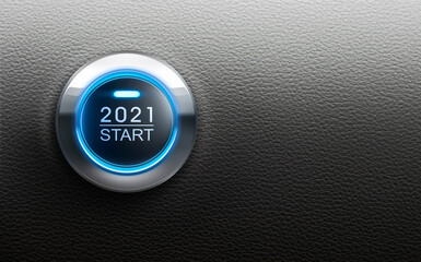 Start 2021 button with blue light - 3D illustration	
