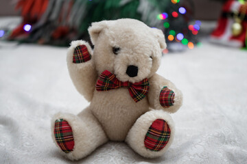 teddy bear and christmas decorations, checkered red green plaid