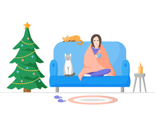 Christmas alone, celebrating at home with cats. Winter holidays on self isolation. Woman wrapped blanket on sofa with cup. Flat vector illustration 