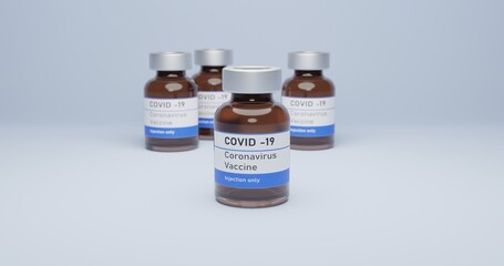 Coronavirus vaccine it use for prevention. Covid-19 corona virus vaccination with vaccine bottle injection tool for covid19 immunization treatment. 3d rendering