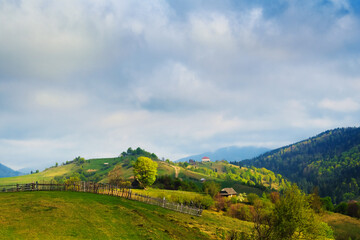 Fototapeta na wymiar Spring gold morning rural landscape in the Mizhhiria, Carpathian mountains.