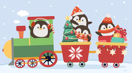 The character of cute penguin in the christmas train in flat vector style. illustation for banner, poster ,greeting card, sticker.