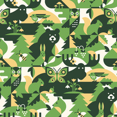 Animals in forest - abstract vector pattern, seamless with bear, fox, bee, bird, butterfly, elk, hare, owl, squirrel, leaves and flowers. Perfect for camouflage fabric, textile, wallpaper.