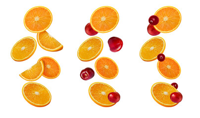 Set of orange fruit slices and cherries with cranberries on white background. Several compositions with falling fruits and berries. Images for packaging design for juice, cosmetics, sweet drinks.