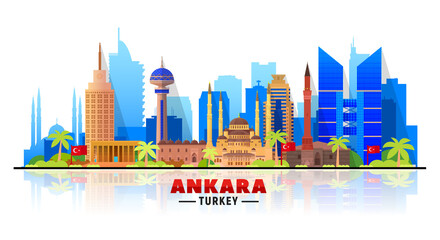 Ankara (Turkey) city skyline on a white background. Flat vector illustration. Business travel and tourism concept with modern and old buildings. Image for banner or web site.