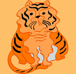 fat sad tiger in cartoon style on a cream background. Symbol of the year 2022. Cat