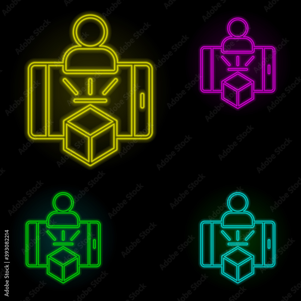 Poster augmented reality, hologram, mobile neon color set icon. simple thin line, outline vector of augment