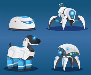 Set of futuristic research cyborgs and robots with artificial intelligence. Dark blue background with shadow. High tech artificial intelligence cyber smart robot. Hitech machinery robot. Flat image