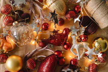 Christmas ornaments. Background with Christmas toys. New Year 2021 composition