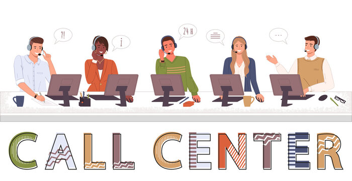 Call center, hotline flat vector. Smiling office workers with headsets cartoon characters. Call center workers help clients. Customer support department staff, telemarketing agents. Multiethnic team.