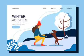 Woman playing with a dog in the park. Landing page template. Conceptual illustration of outdoor recreation, active pastime. Winter vector illustration in flat style.