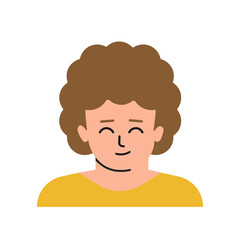 Vector flat isolated concept with portrait of cartoon character. Face of child. Avatar of preschool boy with frizzy curly brown hair, bright skin. Cute little man smiles. White background