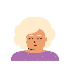 Vector flat isolated illustration with portrait of cartoon character. Avatar of Caucasian little girl with blonde curly hair, bright skin, handsome face. Cute american girl smiles. White background