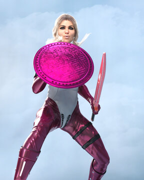 3D Photo of a Modern Female Warrior in Purple Armed with Sword and Shield