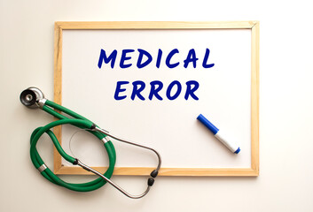 There is a stethoscope on a white board background and the word is written. Medical concept.