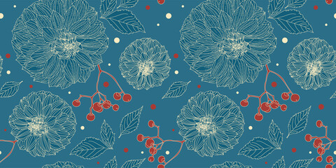Turquoise seamless pattern with dahlia flowers