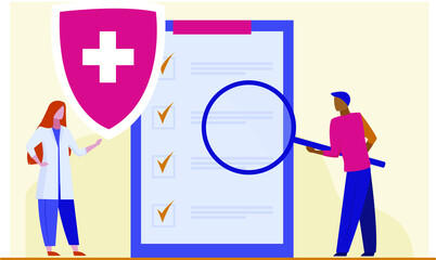 patient studying medical checkup list. template with design
