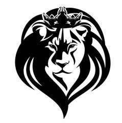 african lion king wearing royal crown black and white vector head portrait