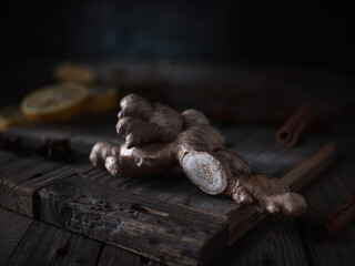 Ginger root on kitchen board