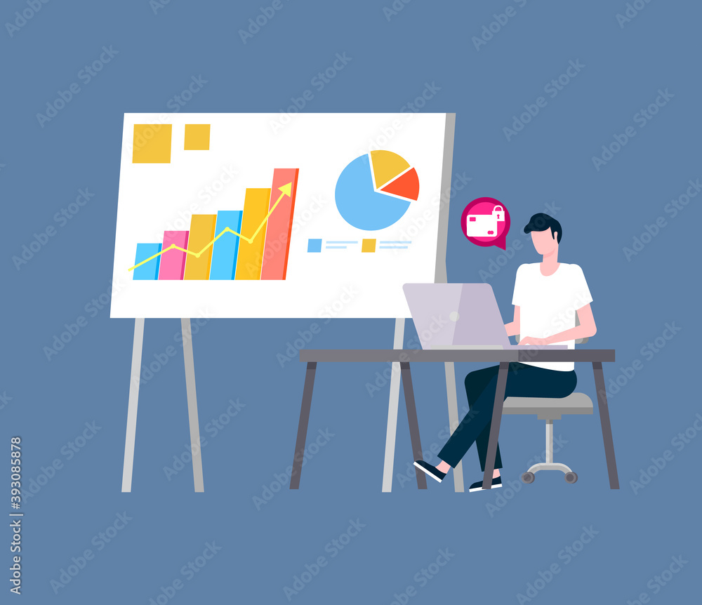 Aufkleber online payments security vector, statistical data board. man at laptop, it worker and graphics with 