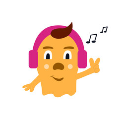 Cheerful yellow and bright creature with headphones listening to music.