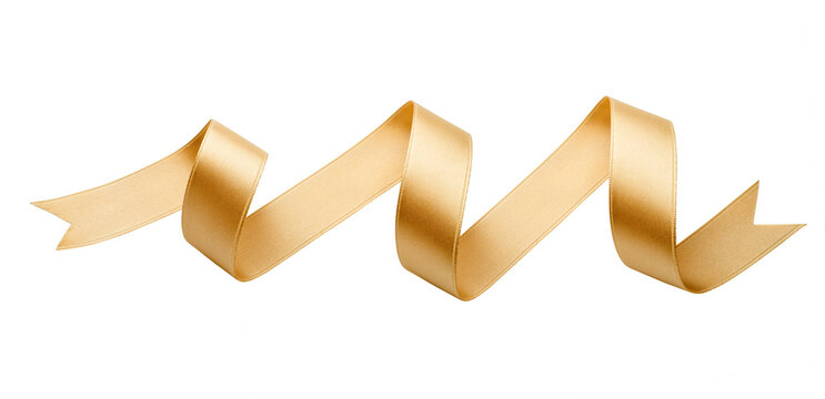 Golden silk ribbon that creates a spiral movement, isolated on white
