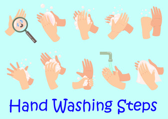 hand hygiene guide set steps arm washing process wrists with soap foam tap with flowing water drying with towel. set of hands vector