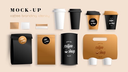Beverage package mockup design for branding. Black and white coffee cup, package, holder, sugar. Mockup with logo. Modern vector illustration 