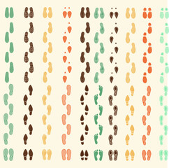 shoes footprints colorful tracks set. Various fashion style and sizes footwear soles types flat colorful tracks collection banner abstract vector illustration