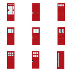 Front doors to houses and buildings set in flat design style isolated, vector illustration.