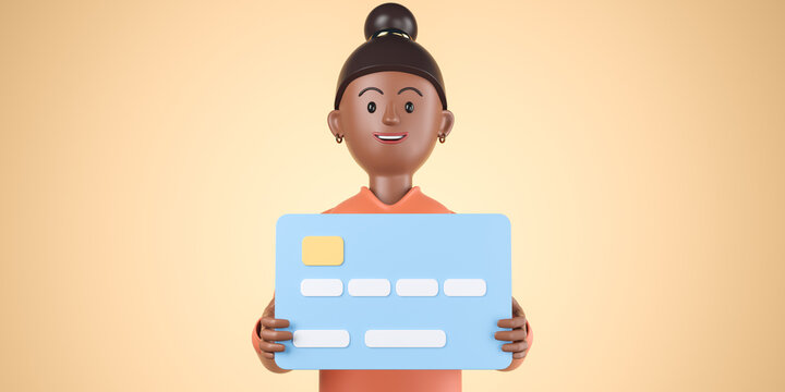 Cartoon Black African American Woman In Orange Shirt Hold Big Bank Credit Card Over Yellow Background.