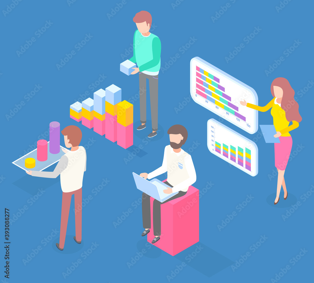 Aufkleber man stands and holds conceptual bar chart on stand. woman holds presentation pointing to large stand