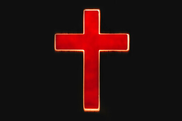 Silhouette of christian cross, lights, bokeh on black background. Copy space. Faith symbol. Church worship, salvation concept. Faith symbol in Jesus Christ. Holy cross for Easter day. Christianity