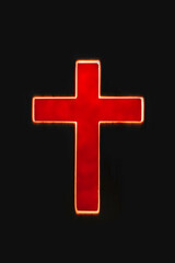 Silhouette of christian cross, lights, bokeh on black background. Copy space. Faith symbol. Church...