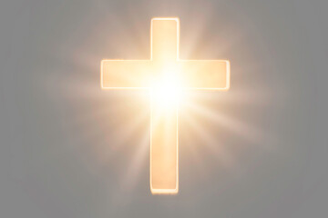 Christian cross with lights, bokeh on black background. Copy space. Faith symbol. Church worship,...