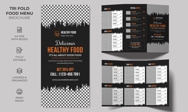 Vector Tri-fold Food Menu Brochure Template, simple style and modern layout