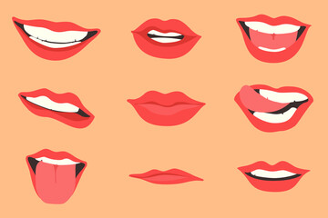 Red lips collection. Vector illustration of sexy woman's lips expressing different emotions
