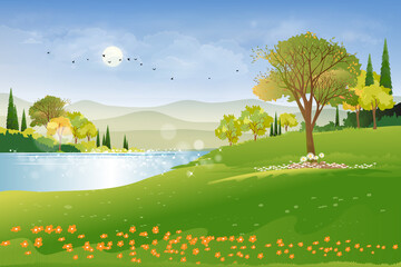 Panoramic of spring village with lake view and mountains with blue sky,Vector cartoon Spring landscape, Panorama countryside in the morning in summer with bright light from sun and reflection on water