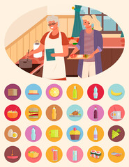 Collection of food ingredients, grandmother and granddaughter cooking soup together. Bread and cheese, water bottle and cupcake with cherry. Grapes fruit and tea in cup, japanese sushi vector