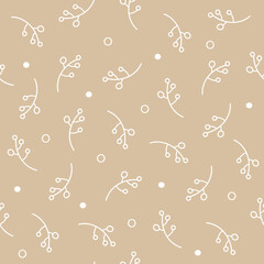 Abstract background in a minimalistic style. Vector seamless pattern. Hand-drawn twigs with berries and snow. Simple linear drawing in white on a brown background. Fabric print, wrapping paper