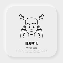 Headache, migraine, reduce stress: man touching temples. Thin line icon. Vector illustration.