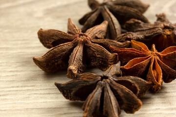 Star anise exotic spice on a wooden table