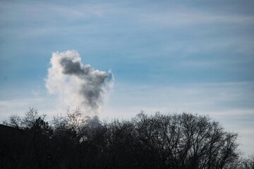 A pillar of smoke against the sky and silhouette of trees
