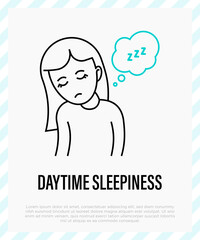 Fototapeta na wymiar Daytime sleepiness, insomnia. Tired girl wants to sleep. Thin line icon. Vector illustration.
