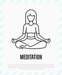 Meditation symbol, inner balance, yoga school. Young girl in lotus pose. Thin line icon. Gyan mudra, yoga hand gesture. Vector illustration.