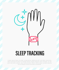 Fototapeta premium Sleep tracking by smartwatch. Gadget for body control, wellness and prevention sleep disorders. Thin line icon. Vector illustration.