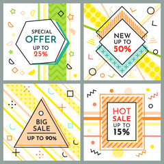 Trendy abstract geometric bubble hot sale. New arrival, big sale and special offer. Black friday up to. Big discount. Vivid banner retro poster design style. Vintage colors and shapes in memphis style
