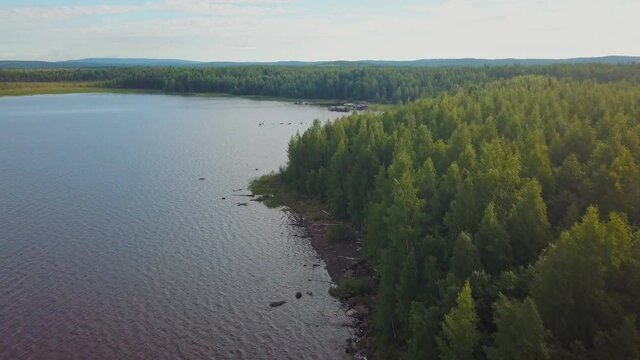 Aerial view of the lake shore in the republic of Karelia, Russia.